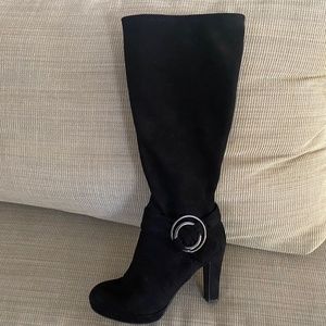 Black faux suede stretch knee high boots